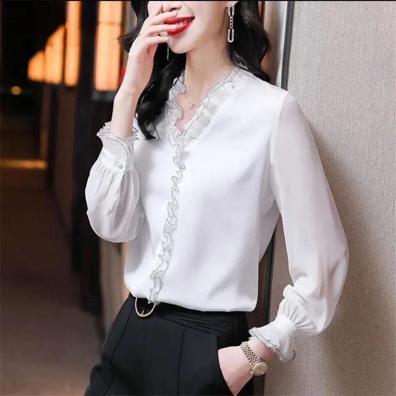 Purfle Lotus Sleeve Chiffon Shirt Women Blouses V-neck Loose Bright lines Long Sleeve Pullover Elegant Business Lady Blous Shirt