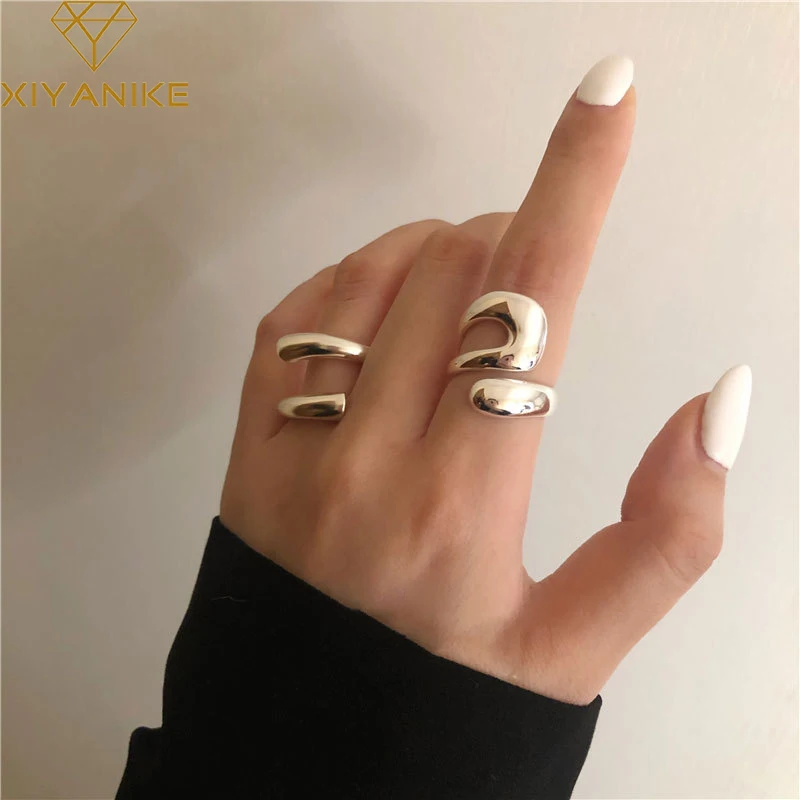 XIYANIKE Silver Color  High Sense Staggered Hollow Smooth Trend Irregular Curve Opening Ring Fashion Handmade Gift