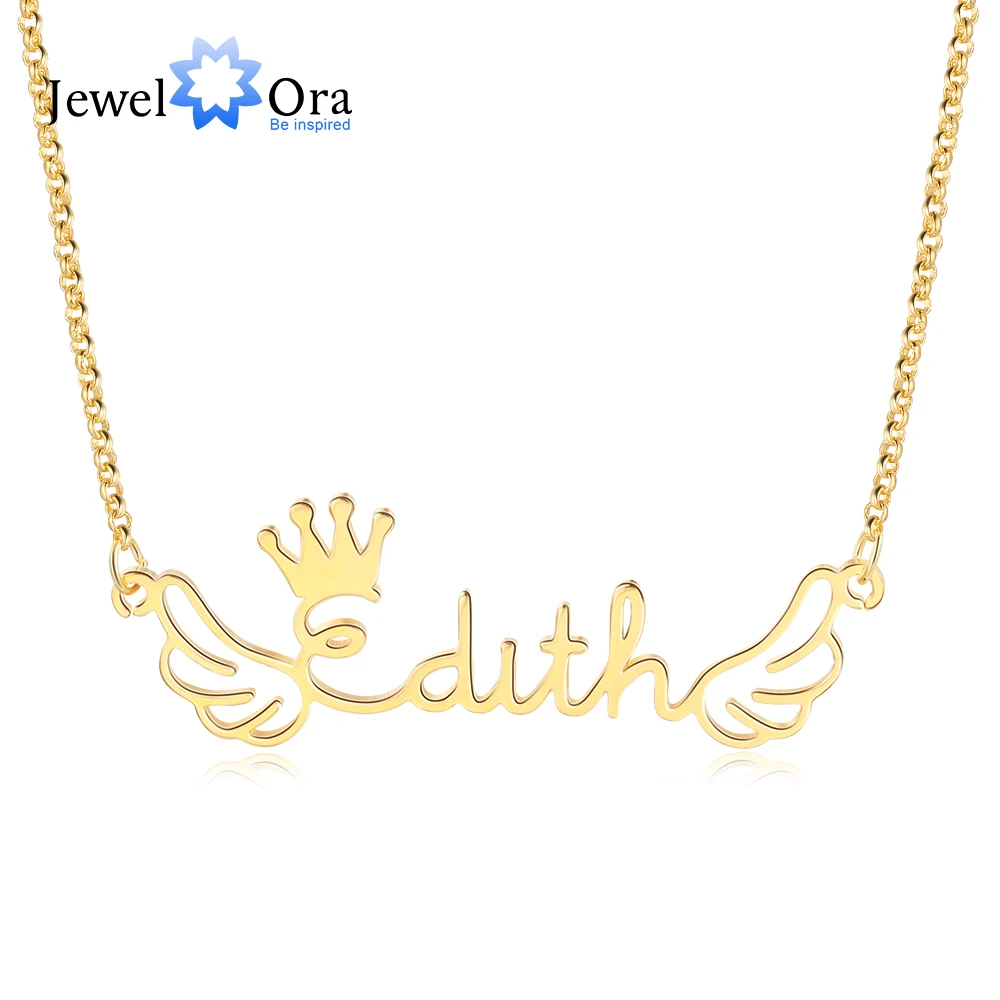 JewelOra 925 Sterling Silver Personalized Wings Nameplate with Crown Custom Name Pendant Necklace S925 Silver Jewelry Gifts