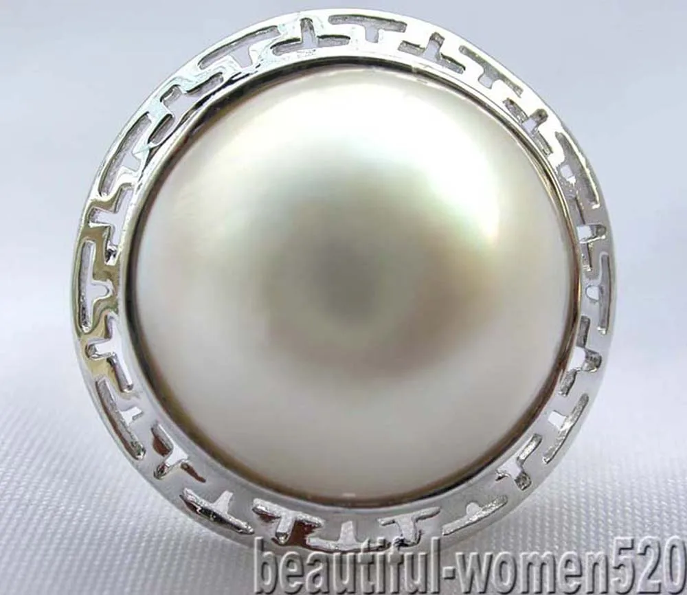 

P7767 White Blue Pink 20mm South Sea Mabe Pearl Swastika Ring Sterling-Silver