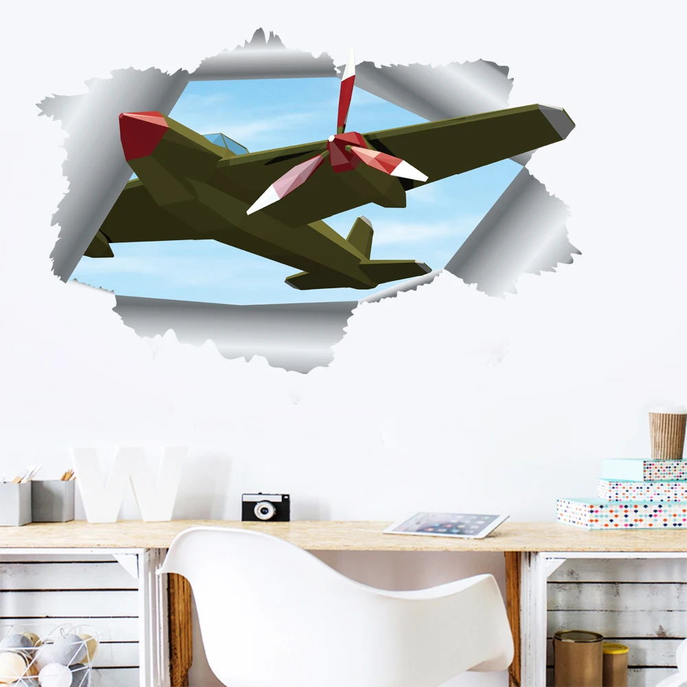 6 styles 3D broken wall airplane creative home wall stickers chariot decoration stickers for kids bedroom