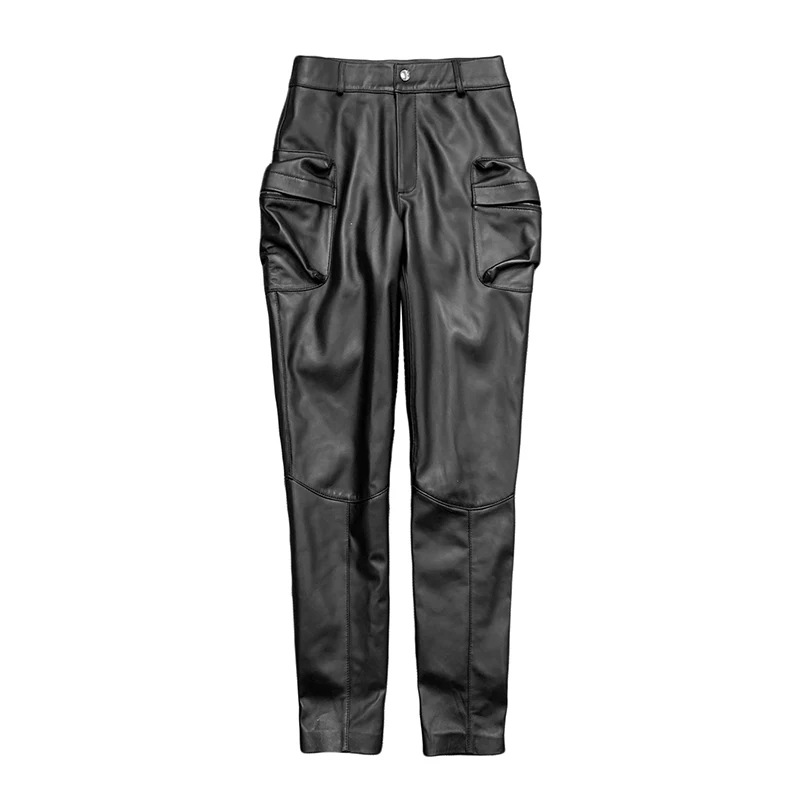 Leggings Pants Femme 2024 Spring Women 100% Leather European Unique Thin Pocket Pveralls Boots Casual Locomotive Tight Trousers