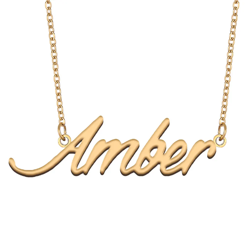 Amber Name Necklace for Women Personalized Stainless Steel Jewelry Gold Plated Nameplate Pendant Femme Mothers Girlfriend Gift