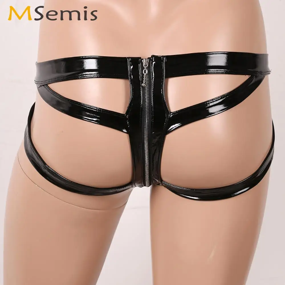 Mens Sissy Latex Panties FetishE Cutout Open Butt Wetlook Leather Penis Pouch Briefs Gay Bondage Crotchless Jockstraps Underwear