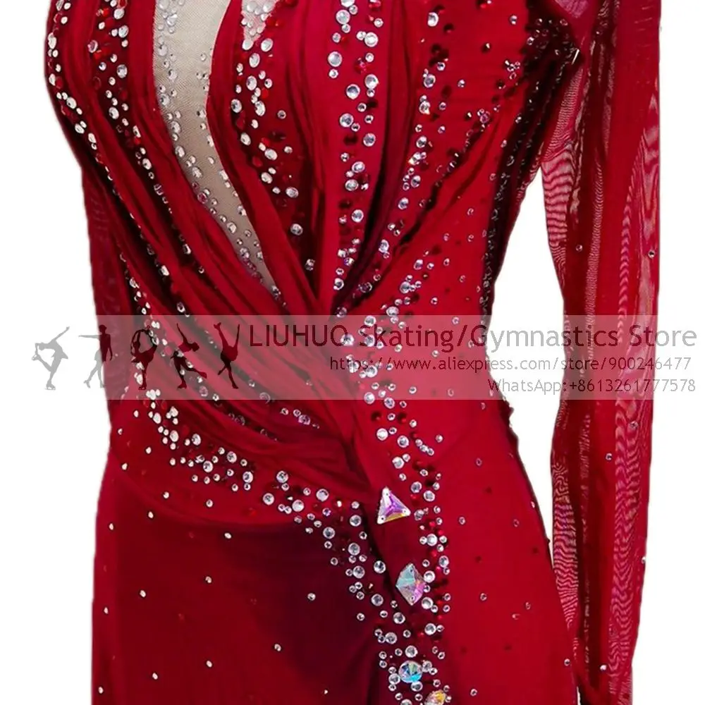 Figure Skating Dress Girl Ice Skating Competition Red Elegant Performance Rhythmic Ballroom Dance Leotard Artistic Costume Women