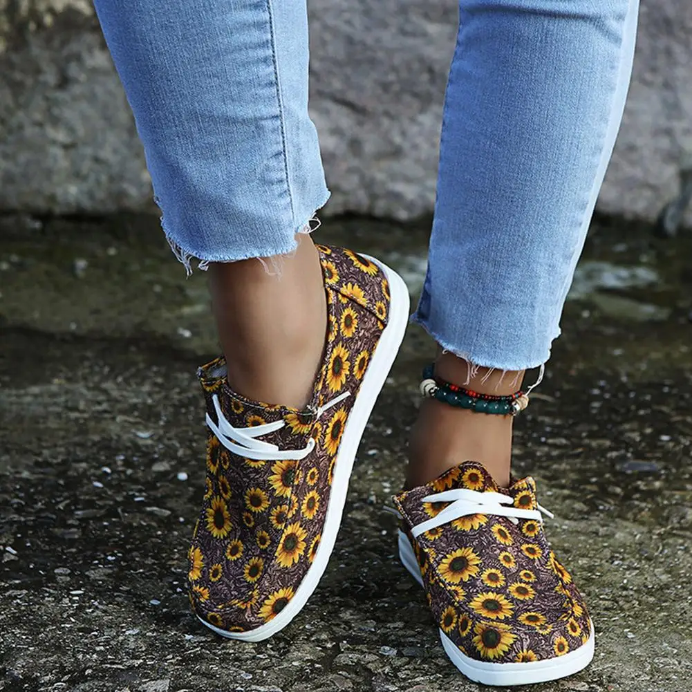 Women Floral Flat Boat Shoes Front Lace-up Decoration Casual Canvas Shoes Lady Outdoor Walking Running Soft Bottom Loafers