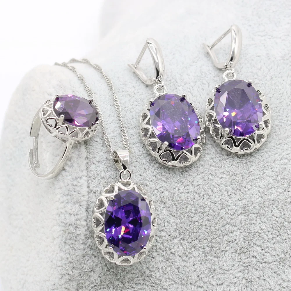 Xutaayi Purple Cubic Zirconia Silver 925 Jewelry Sets Women With Earrings Bracelet Necklace Pendant adjustable Ring