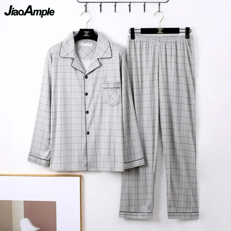 Pajamas Men's Long-sleeved Trousers Cotton Pijamas Two-piece Set 2021 Autumn New Printed Striped Plaid Nightwear Nightie Suit