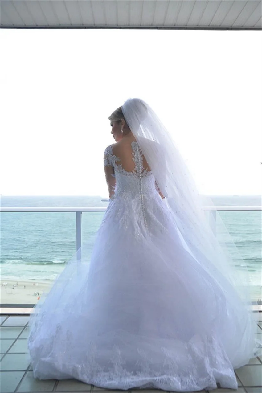 Robes de mariée à manches longues avec appliques en dentelle blanche, ligne A, tulle perlé, robes de mariée bon marché, quelle que soit la robe de mariée