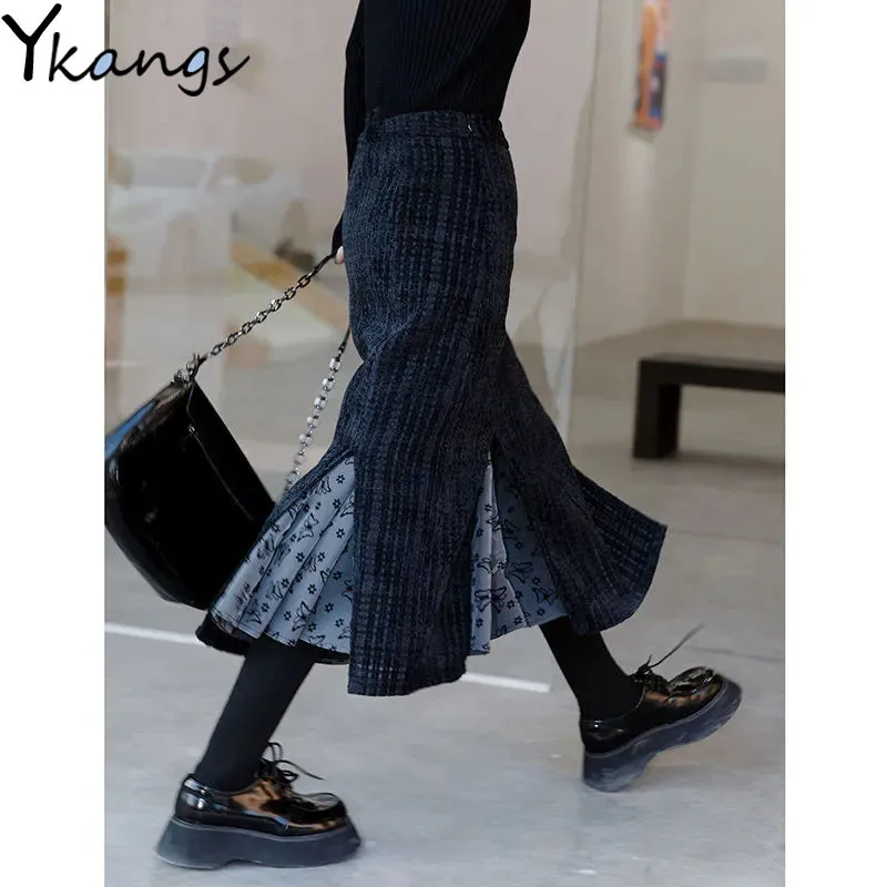 

Black High Waist Corduroy Long skirts Women elegant Vintage Midi Pleated Skirt Flower Print Spring Harajuku Korean style Skirt