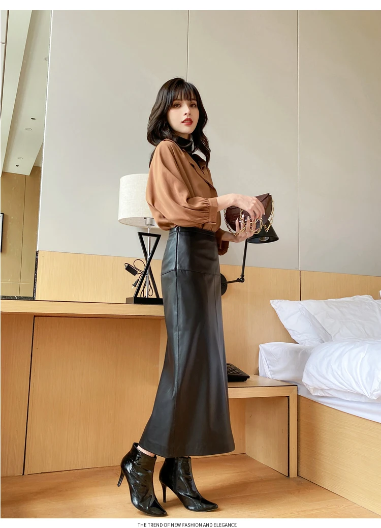 Genuine Leather Long Skirts For Women Faldas Mujer Sheepskin Over Knee Wrap Hip Jupe Longue Femme Black Plus Size Elegantes Saia