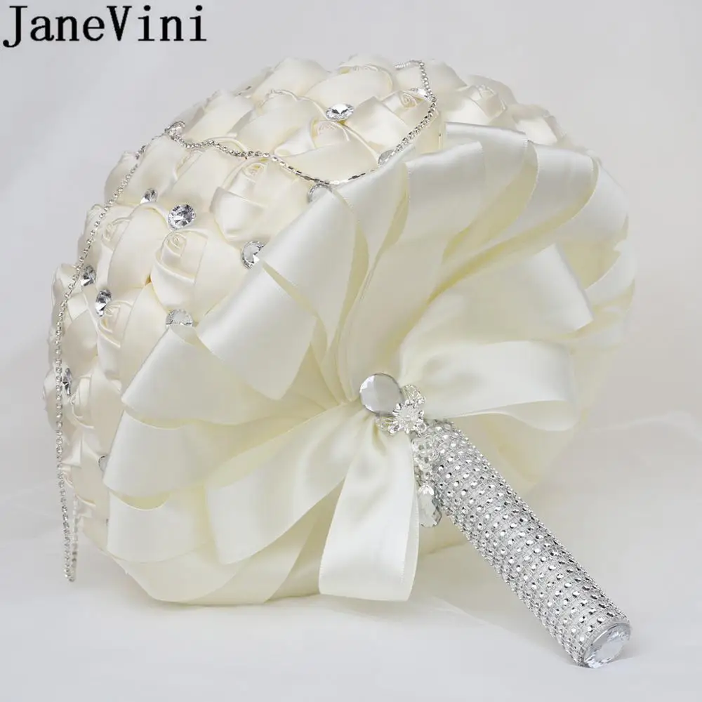 JaneVini – Bouquet de mariée en strass de luxe, 30CM, en ivoire, fait à la main, en cristal, en Satin Rose