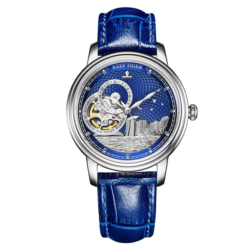 Reef Tiger Men Automatic Watch 38mm Mechanical Wristwatch Waterproof Sapphire Mirror Skeleton 24 Hours City Dial