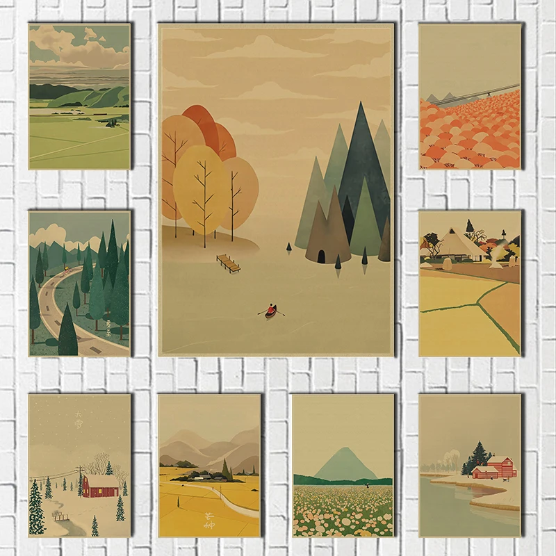 Cartoon style Illustration Scenery of all seasons Wheat field Kraft Paper decorative Picture Wall Art Poster