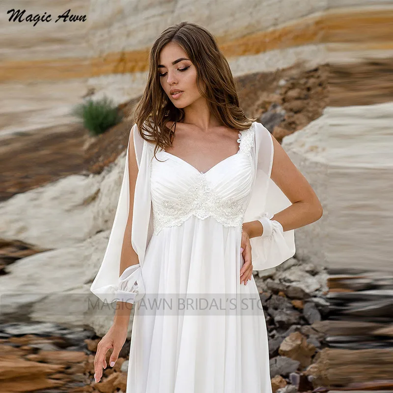 Magic Awn-vestidos De novia bohemios, De gasa, manga larga, apliques De encaje, sencillos, para playa, con cordones en la espalda, 2021