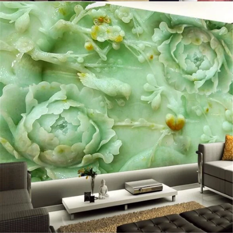 

wellyu Customized large mural 3d wallpaper jade carving peony flower mural TV background wall silk silk cloth wallpaper