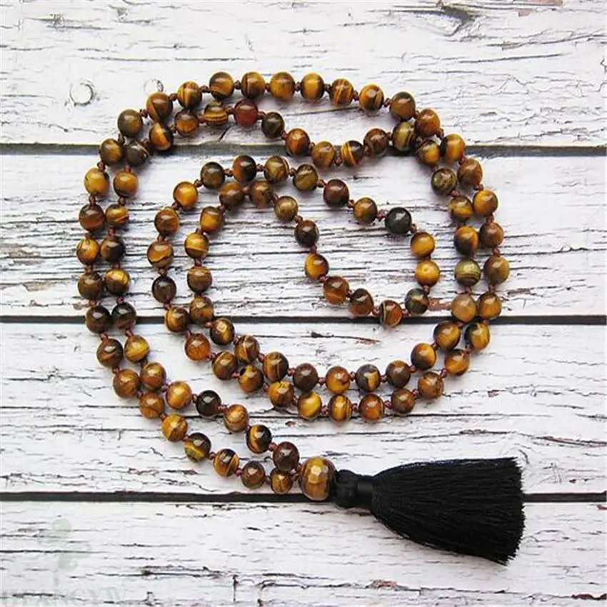 

6mm Tiger Eye Gemstone 108 Beads Tassel Mala Necklace Lucky energy Buddhism natural Sutra Zazen Stress Gemstone Chakra Buddhist