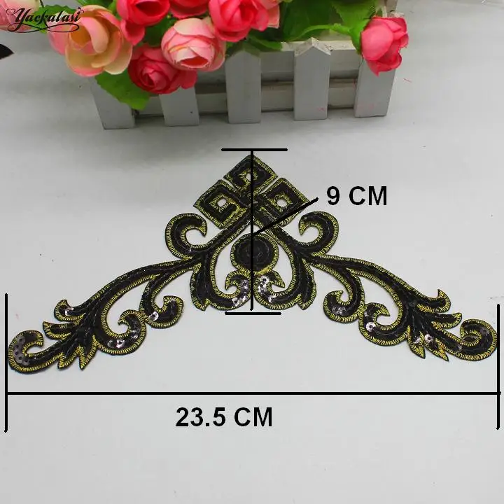 1 Piece Sequined Applique Gold Embroidery Patches Trims Iron on Cosplay Costumes For Dress 23.5*9cm