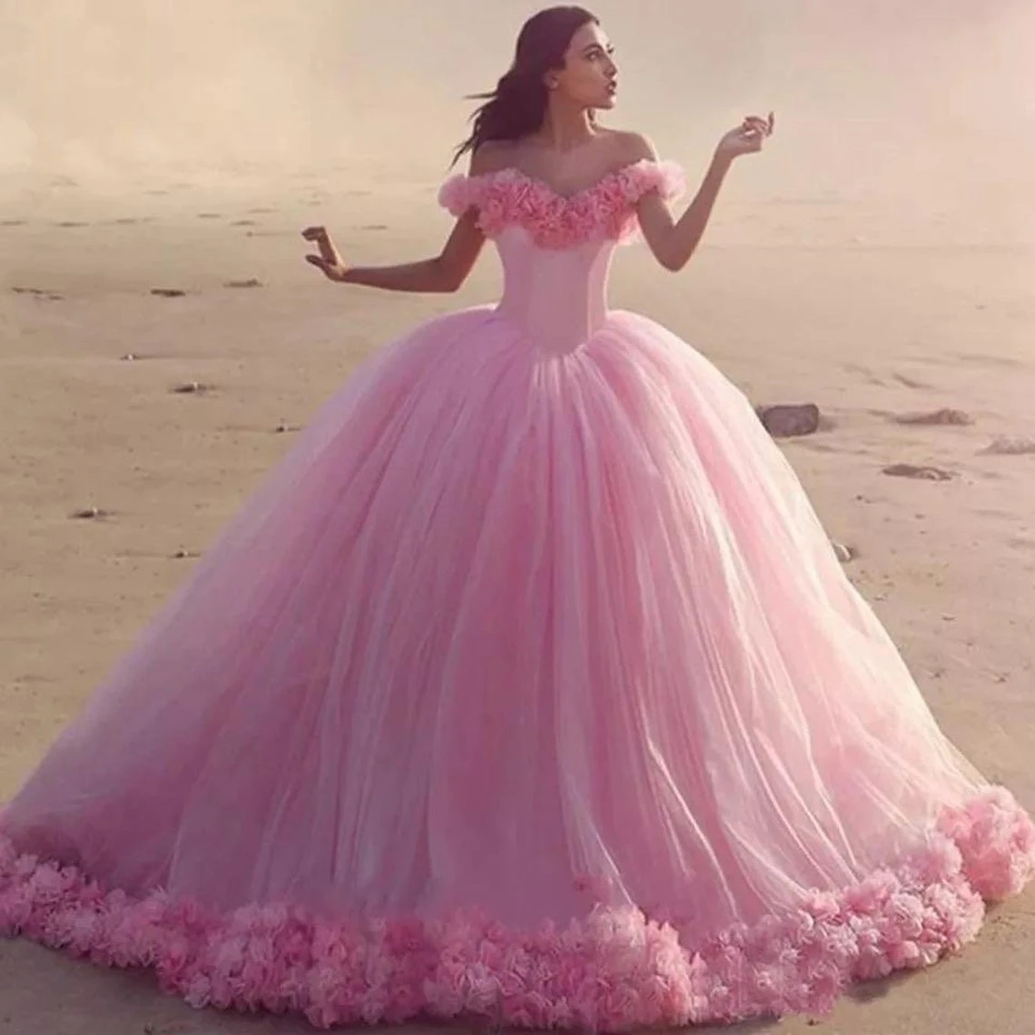 Temperament  Prom Dress Off The Shoulder Fluffy Tulle Flower Vintage Ball Gown Layered Puffy Tulle Evening Party Gown Customize