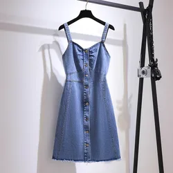 150Kg Plus Size Women's Summer Button Denim Straps Dress Bust 150cm 5XL 6XL 7XL 8XL 9XL Lloose Temperament Suspender Dress Blue