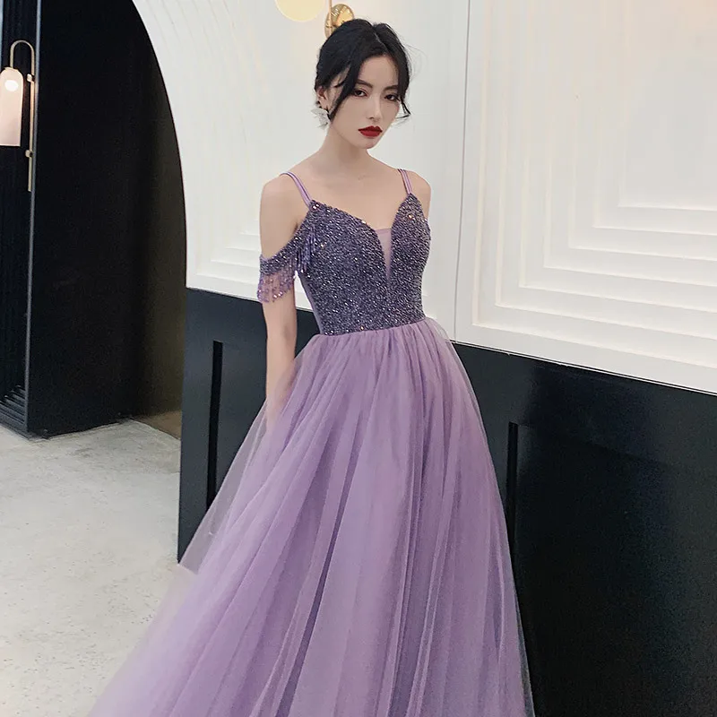 Janevini Charmant Paars Lange Prom Dresses 2020 V-hals Kralen Mouwloze Tulle Floor Lengte A Line Prom Partij Jassen Voor vrouwen