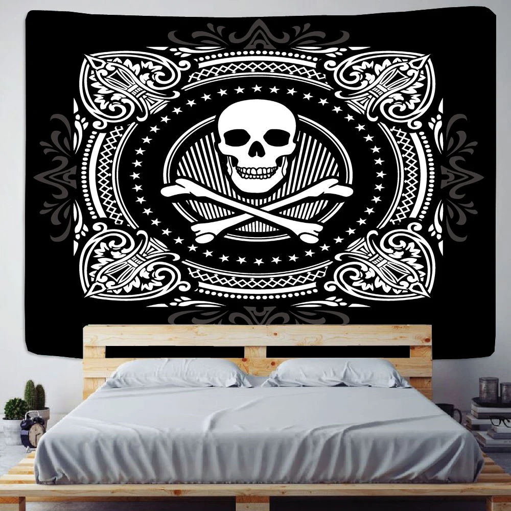 Psychedelic Demon Skull Indian Mandala Tapestry Wall-mounted Bohemian Lace Hippie Witchcraft Background Cloth Yoga Mat Rug