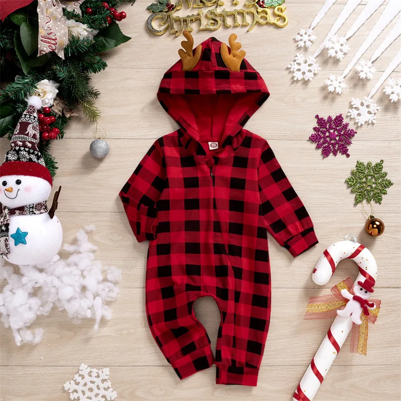 

Cute Baby Newborn Jumpsuit Long Sleeve Hoodies Elk Zipper Baby Romper Clothes Plaid Infant Clothing Christmas Baby Romper Outfit