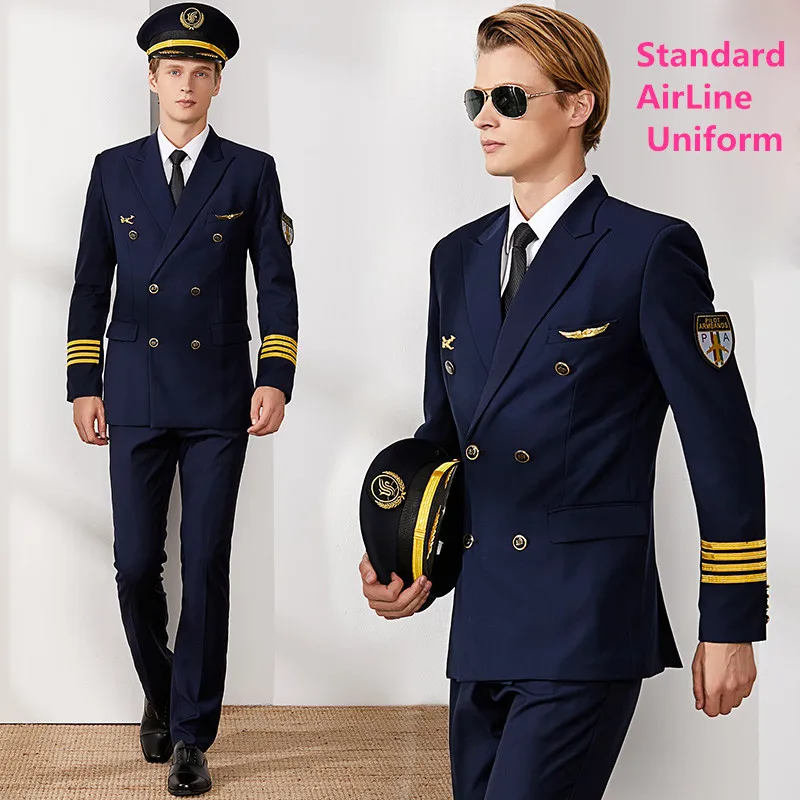 

Air Captain Uniform Male Pilot Airline Uniform Coat Professional Suits Jacket + Pants aviation Property Workwear Flight Clothing