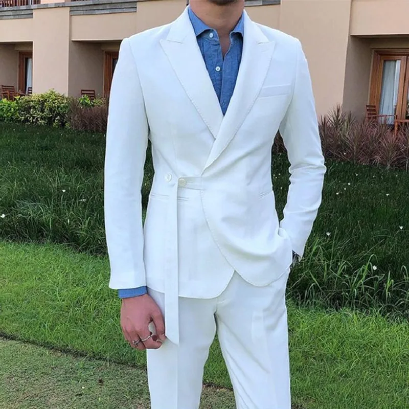 White Slim Fit Boyfriend Suits for Men 2 Piece Peaked Lapel Custom Wedding Tuxedos for Groomsmen Man Fashion Clothes Set Jacket