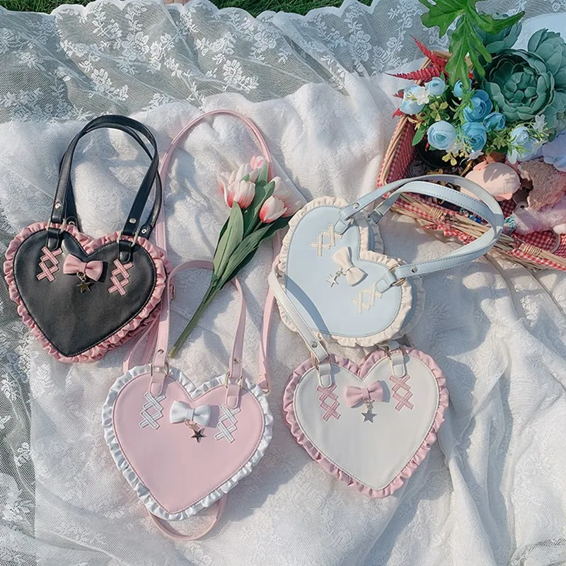 Lolita Cross Heart Knot Cute Love Bag Messenger Bag Single Shoulder Bag  Lolita Female Kawaii Girl Daily Bag Cosplay Loli