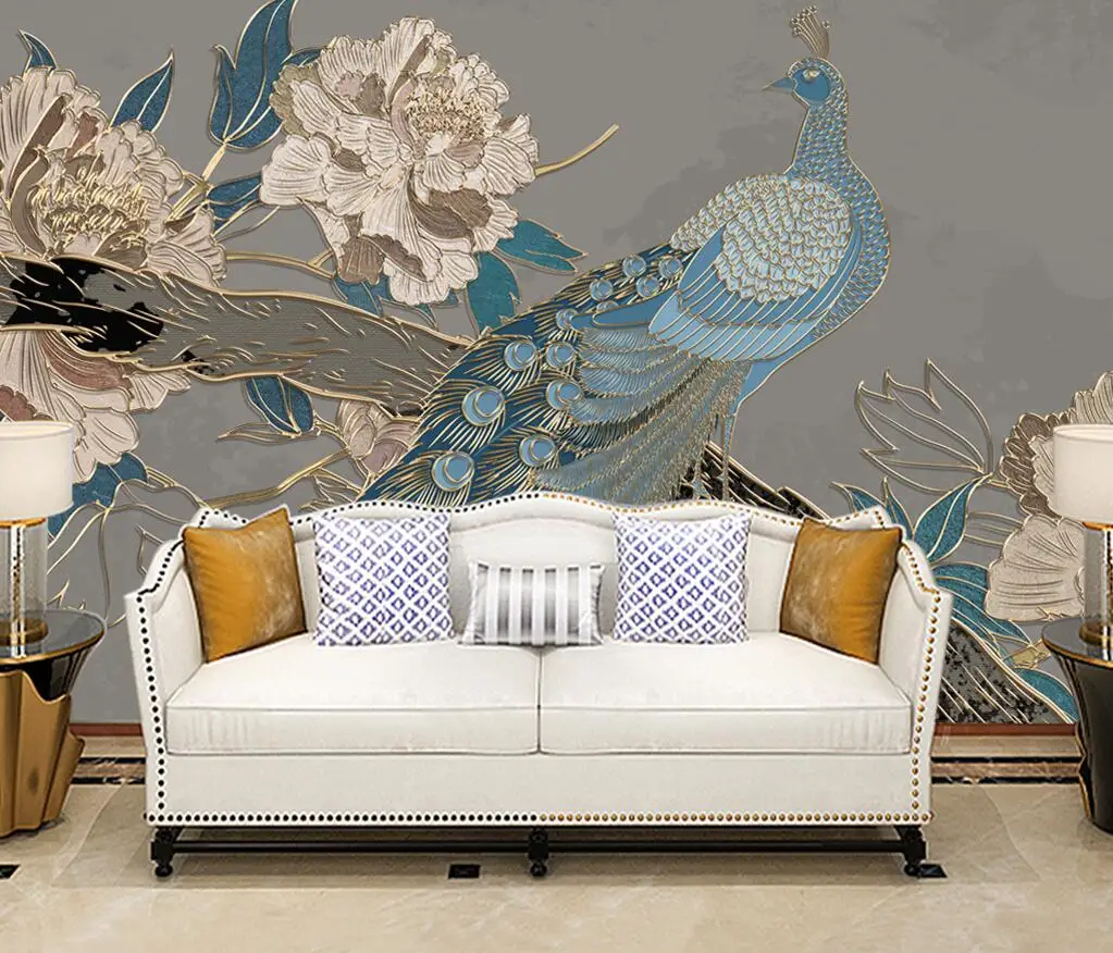 

Custom wallpaper hand-painted peacock peony golden embossed line living room bedroom background wall decoration 3d wallpaper