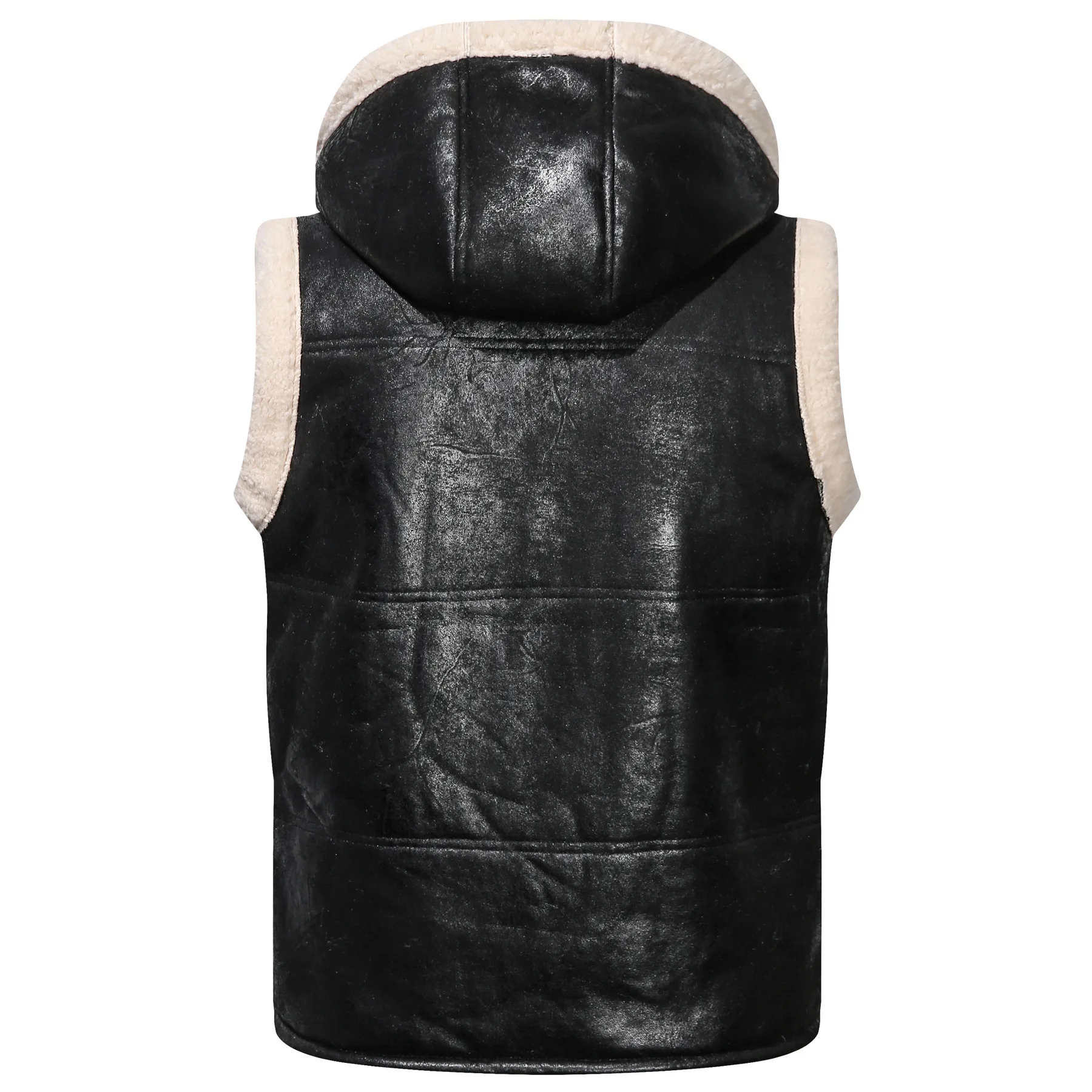 Men\'s Winter PU Leather Fur Vest Casual Hooded Warm Jacket Lambswool Waistcoat Jackets Sleeveless Zipper Solid Color