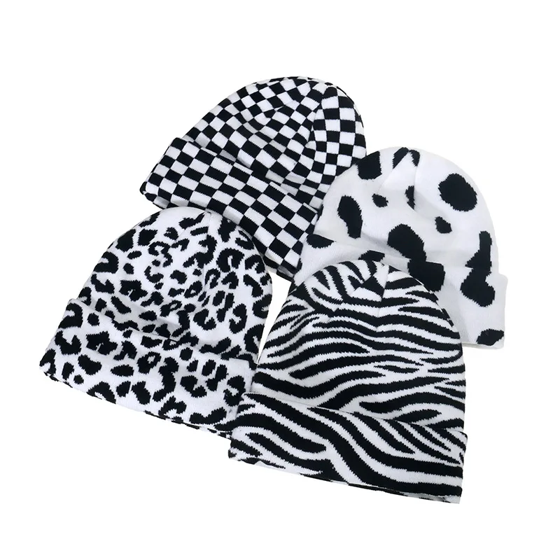 Trendy Autumn Winter Hats Black White Check Zebra Leopard Beanie Hats Warm Cap Hats Hip Hop Knitted Caps Bonnets For Women Men