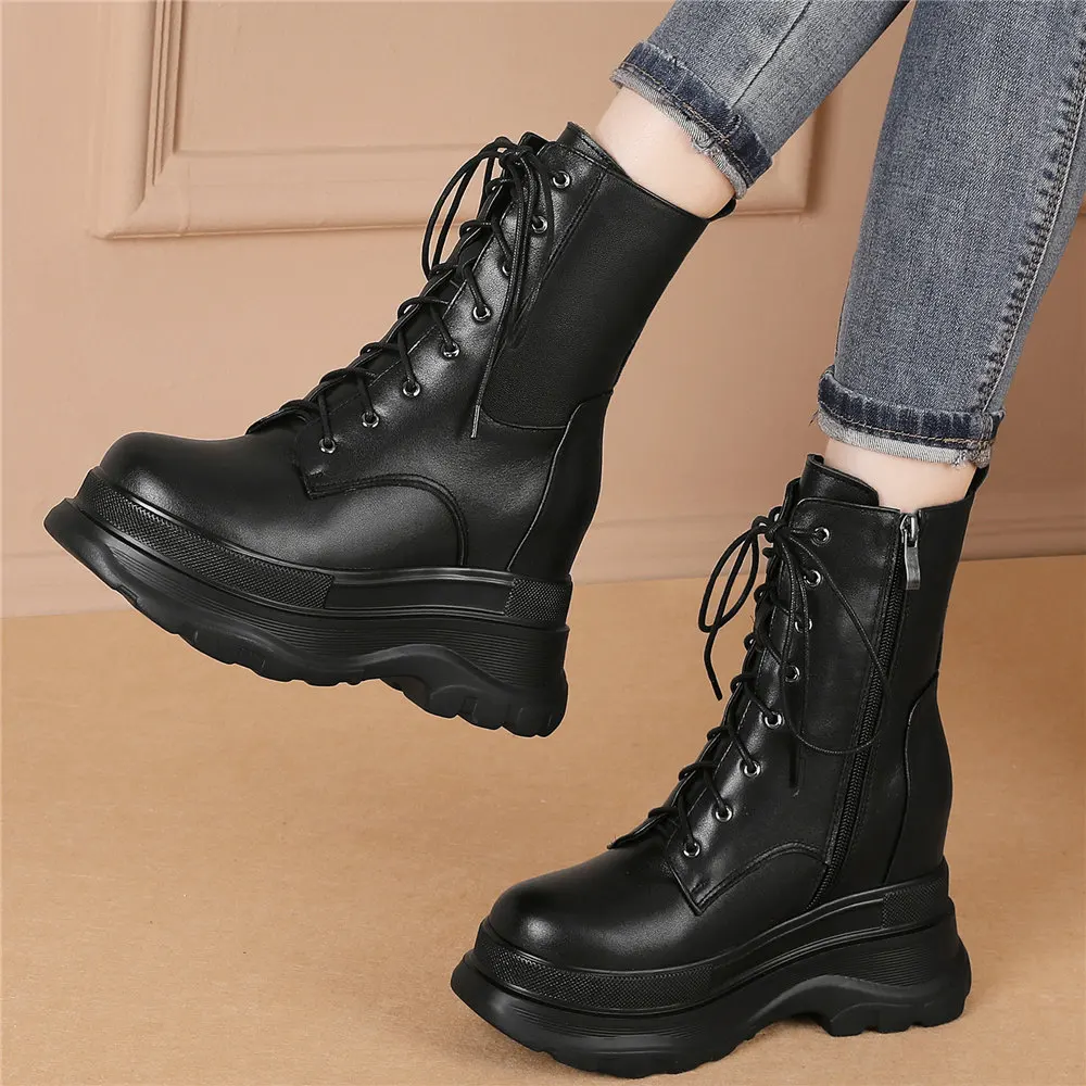 

Fashion Sneakers Women Genuine Leather Wedges High Heel Ankle Boots Female High Top Round Toe Platform Pumps Shoes Casual Shoes