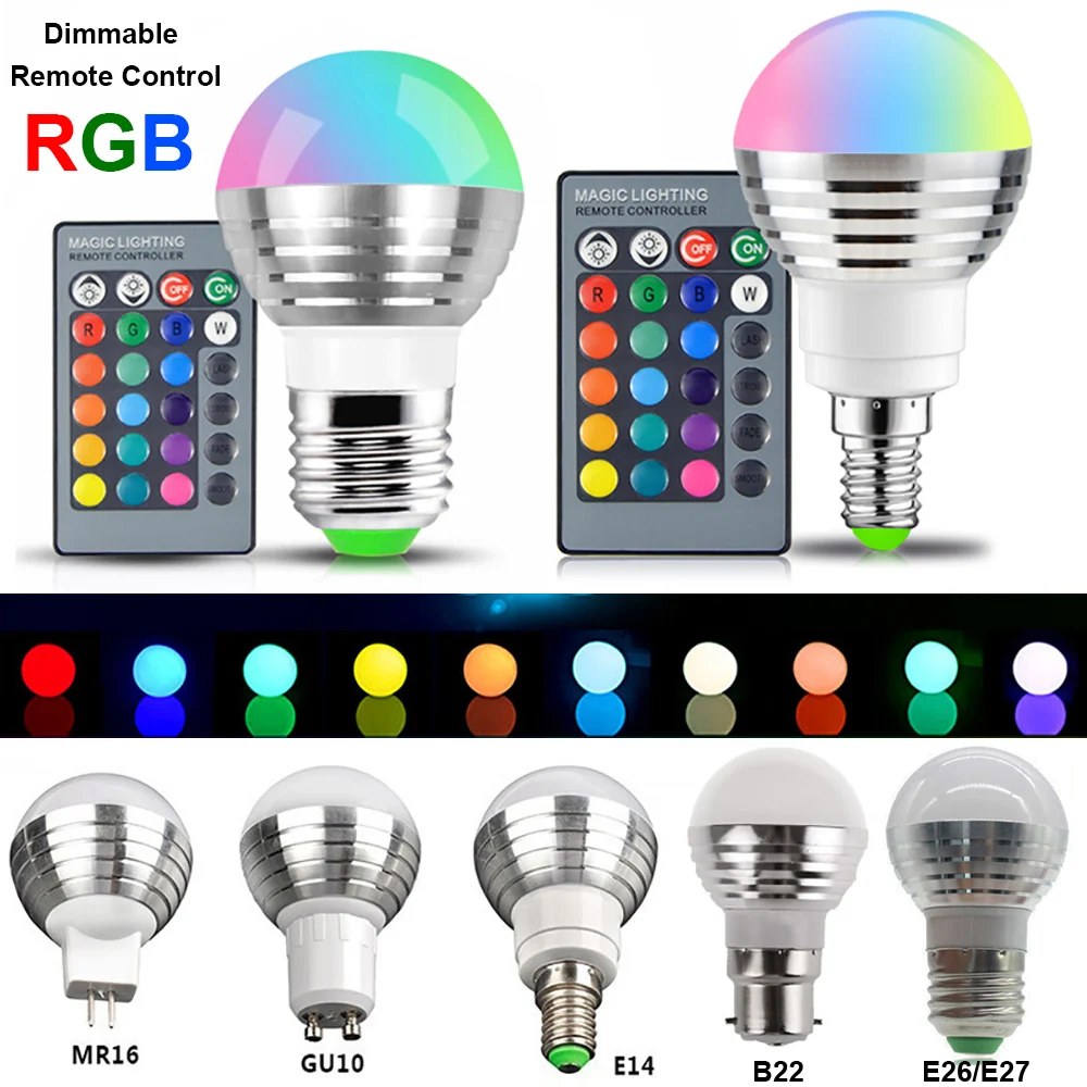 E27 E26 E14 B22 GU10 MR16 LED RGB Bulb 3W IR Remote Control Changeable 16 Colour LED Lamp Home Party Decot Light Lampada D30