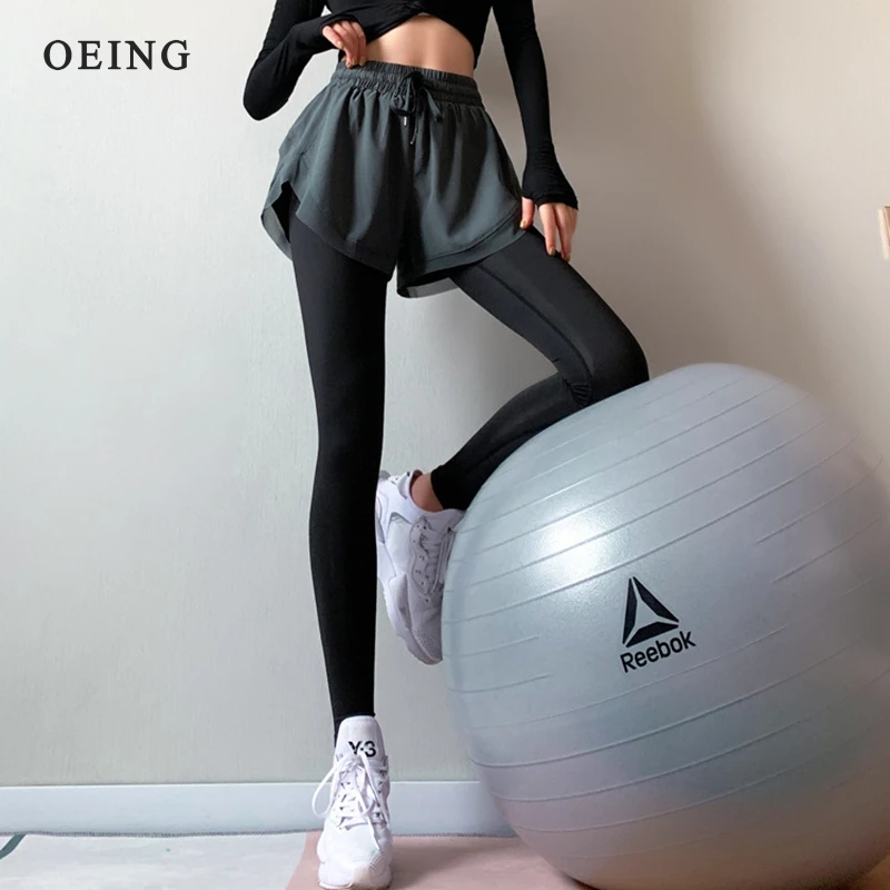 Women High Waist Yoga Pants Fake 2 IN 1 Two Pieces Leggings High Elastic Gym Fitness Running Tights Exercise Leggings Sportswear