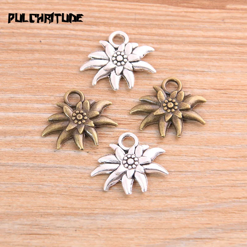 PULCHRITUDE 16pcs 17*20mm Two Color Sun Flowers Charms Necklace Pendant Jewelry Accessory Making Man Women Retro Style Jewelry