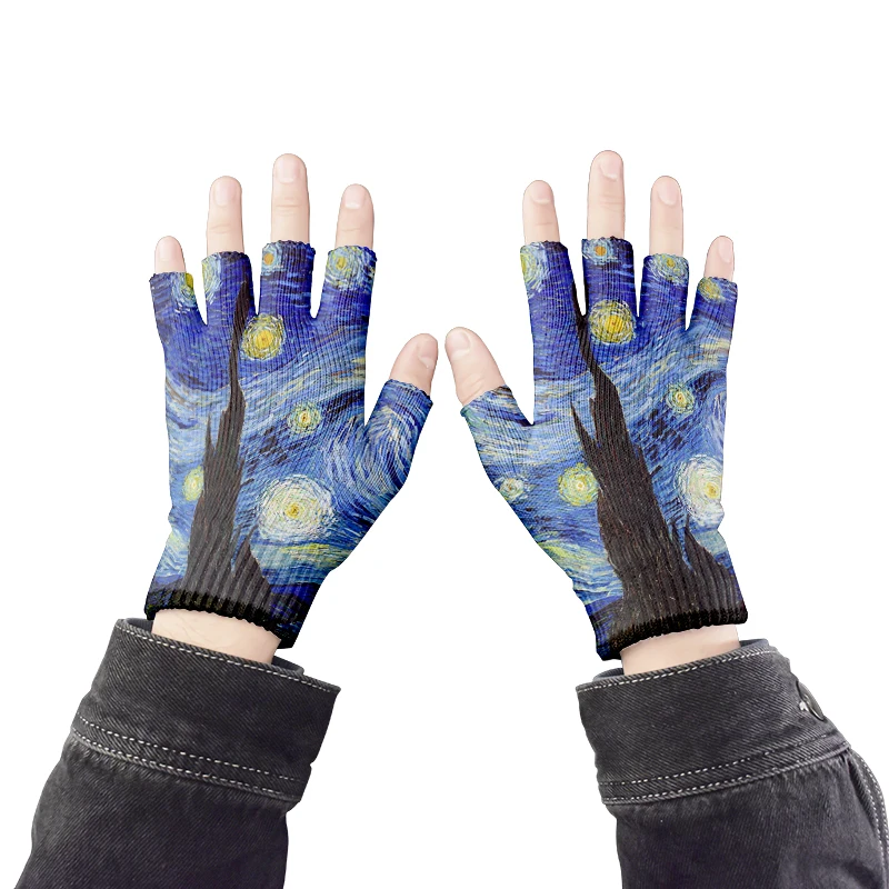 Art Knitting Gloves For Adult Half Finger Gloves Human Van Gogh Oil Painting Print CyclingTouch Screen Non-slip Wrist Gloves