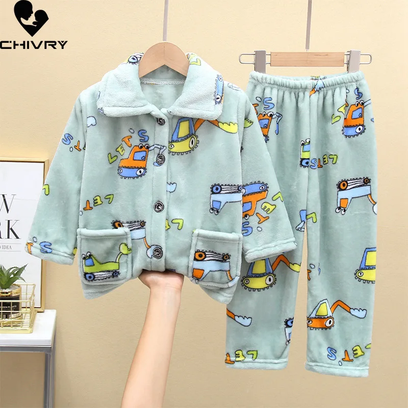 New 2021 Kids Boys Girls Autumn Winter Flannel Pajama Sets Cute Cartoon Long Sleeve Lapel Tops with Pants Sleeping Clothing Sets