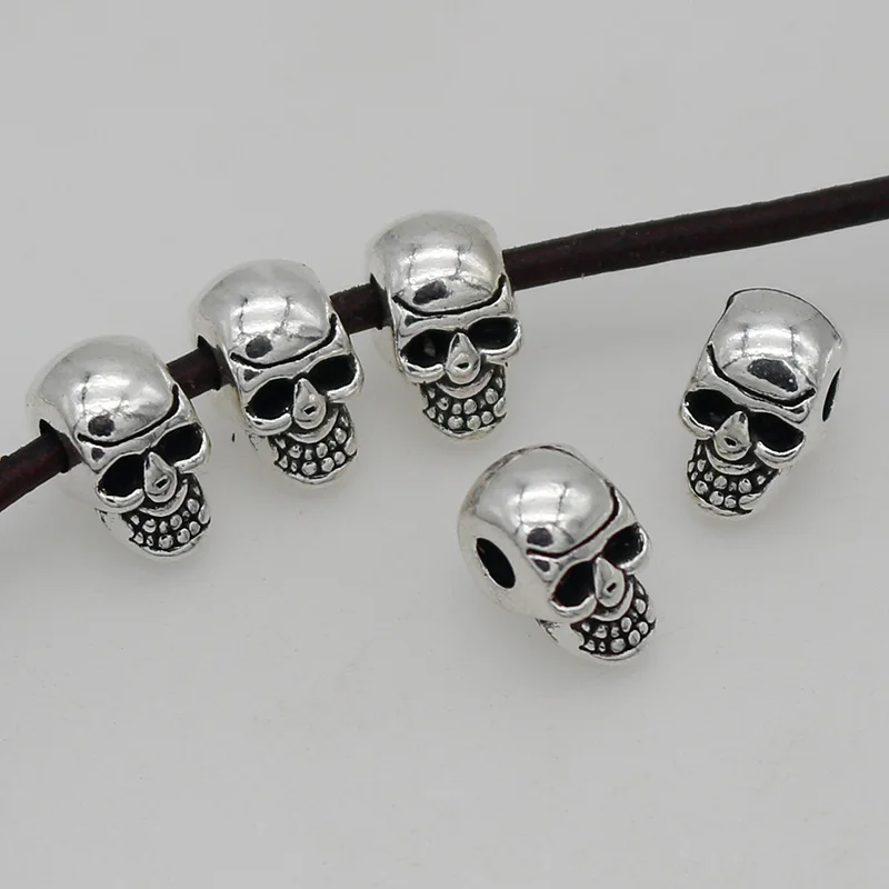 20pcs/Lot Punk Hip-pop Antique Silver Color Skull Loose Beads 11mm Handmade Bracelets Beard/Hair Charm Space Beads DIY Jewelrys