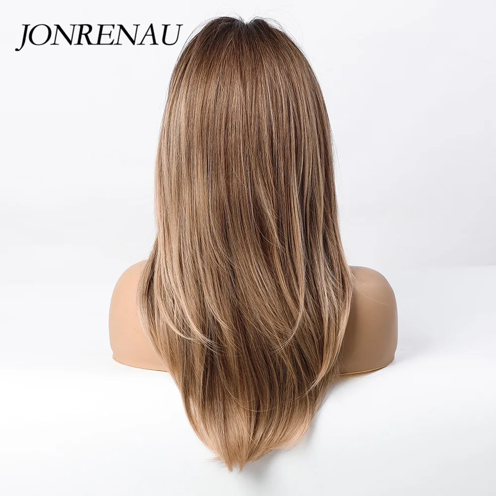 JONRENAU-Peluca de cabello largo y liso con flequillo para mujer, pelo sintético degradado, negro oscuro, marrón a rubio, para fiesta, uso diario,