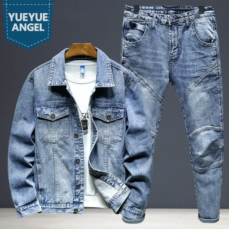 Fashion Men Denim Jacket Jeans Two Piece Set Autumn Slim Fit Matching Sets Casual Streetwear Winter Fleece Lining Cowboy Outfits