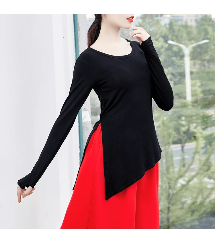 

Women Loose Elasticity Side Split Bottoming T Shirt Female Cotton Long Sleeve Slim Fit Basic Tee Tops Yoga Dancing Clothes