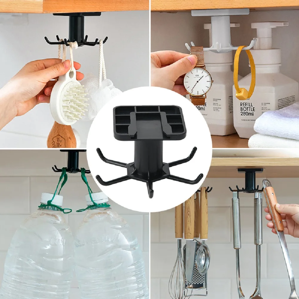 6 Hooks Kitchen Rack Kitchen Organizer Home Accessories 360 Degrees Rotating Cabinet Hanger Utensils For Kitchen Convenience