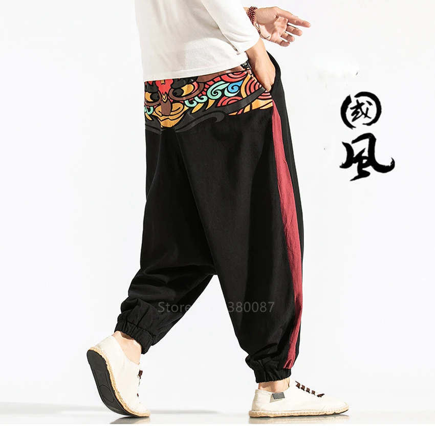 Men Japanese Style Ukiyo Print Samurai Costume Harem Pants Haori Vintage Trousers Leisure Loose Elastic Fashion Clothing Asian