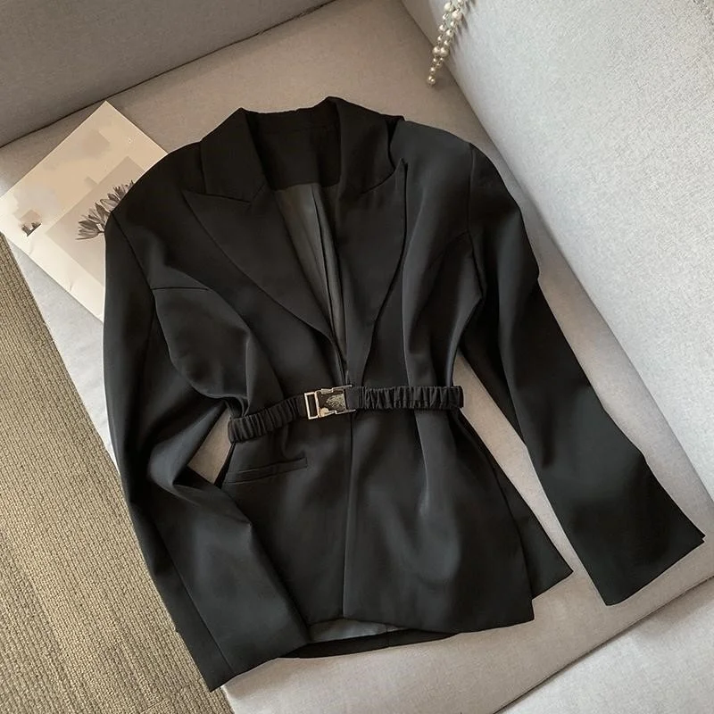 Ladies Office Suit Jacket Women Sashes Fashion Split Design Blazer Coat New Spring Long Sleeve Classic Black White Blazers Tops