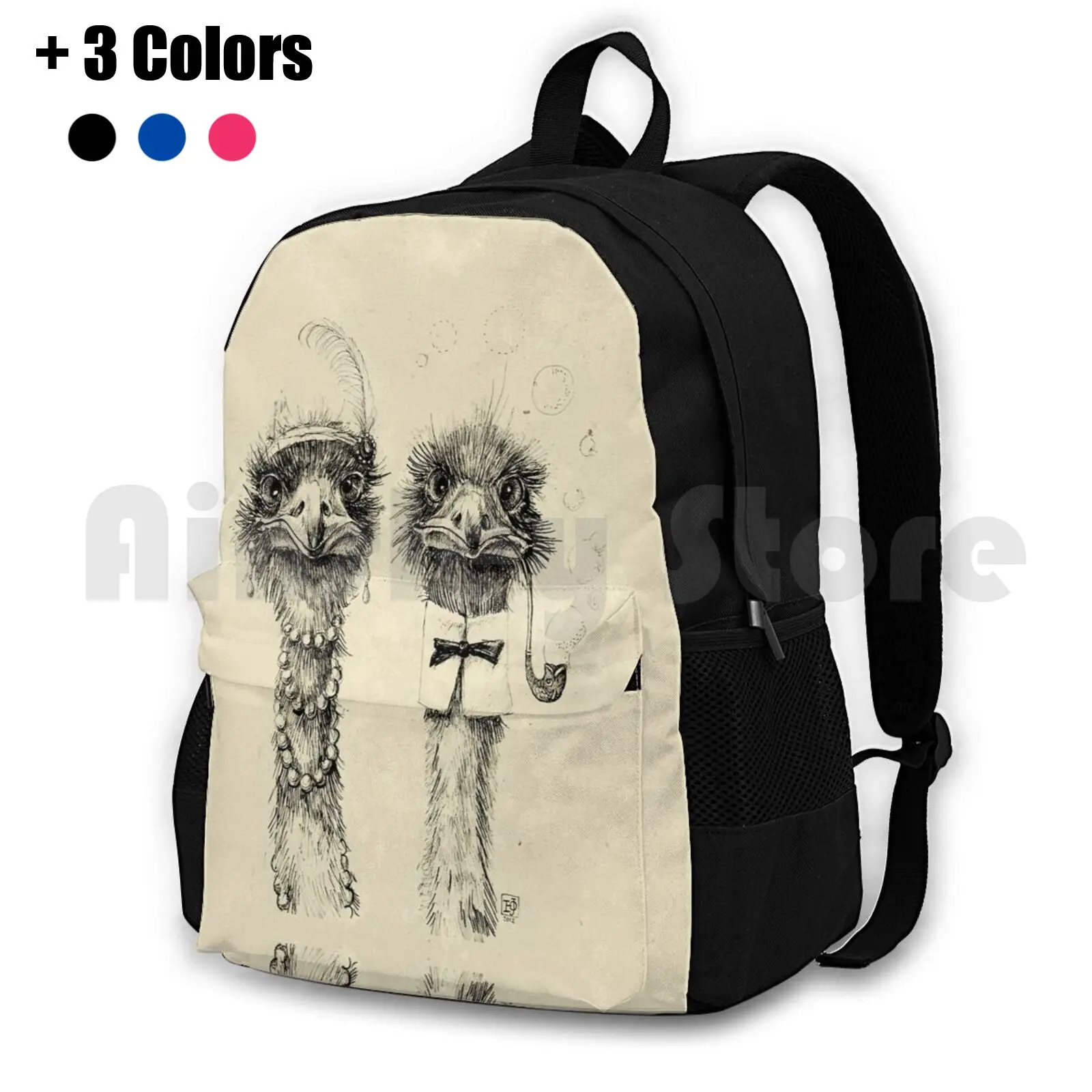 Mr. And Mrs. Ostrich Outdoor Hiking Backpack Waterproof Camping Travel Ostrich Ostriches Nature Bird Birds Vintage Couple