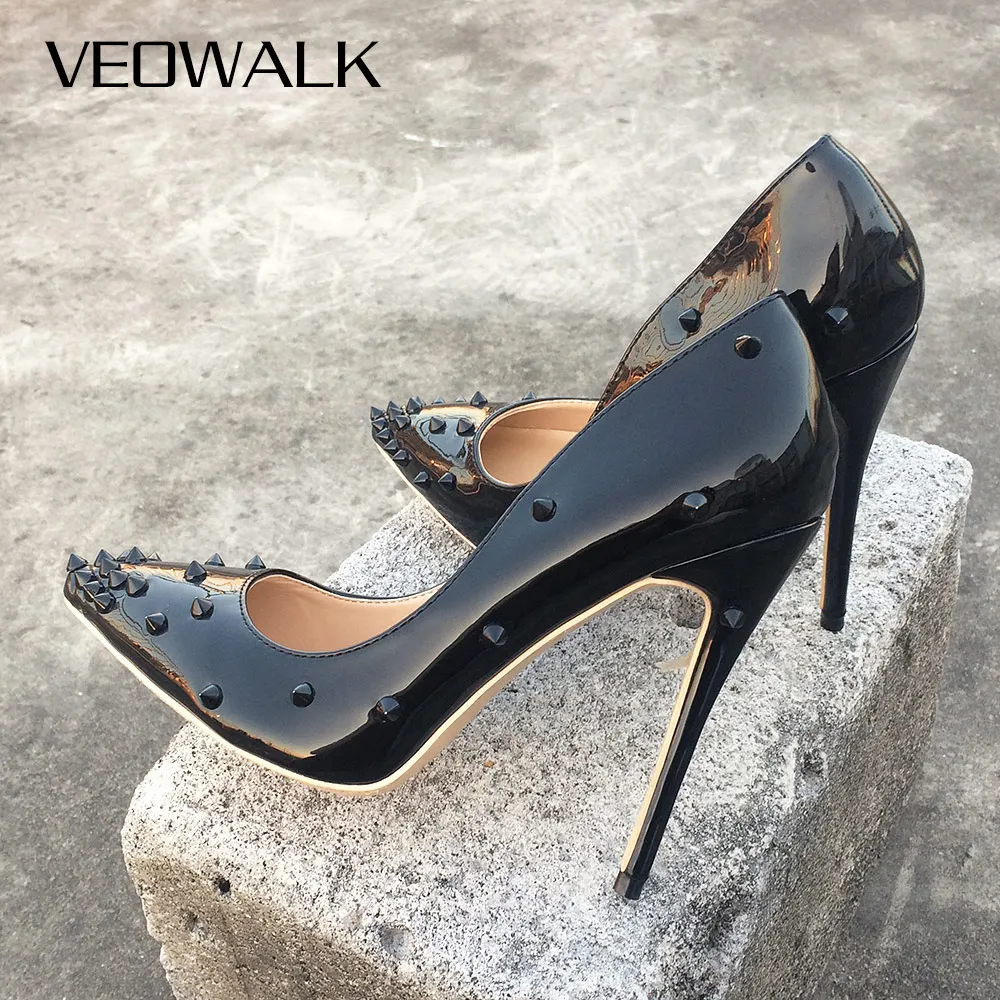 

Veowalk Rivets Women Sexy Extreme High Heels Fashion Ladies Patent Leather Pointed Toe Stiletto Pumps Shoes Color Customized