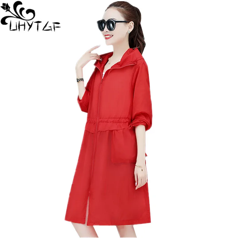 UHYTGF Fashion Women Sun Protection Clothing Long Sleeve Hooded Outdoor Anti-UV Summer Coat Breathable Thin Loose Size Coat 1630