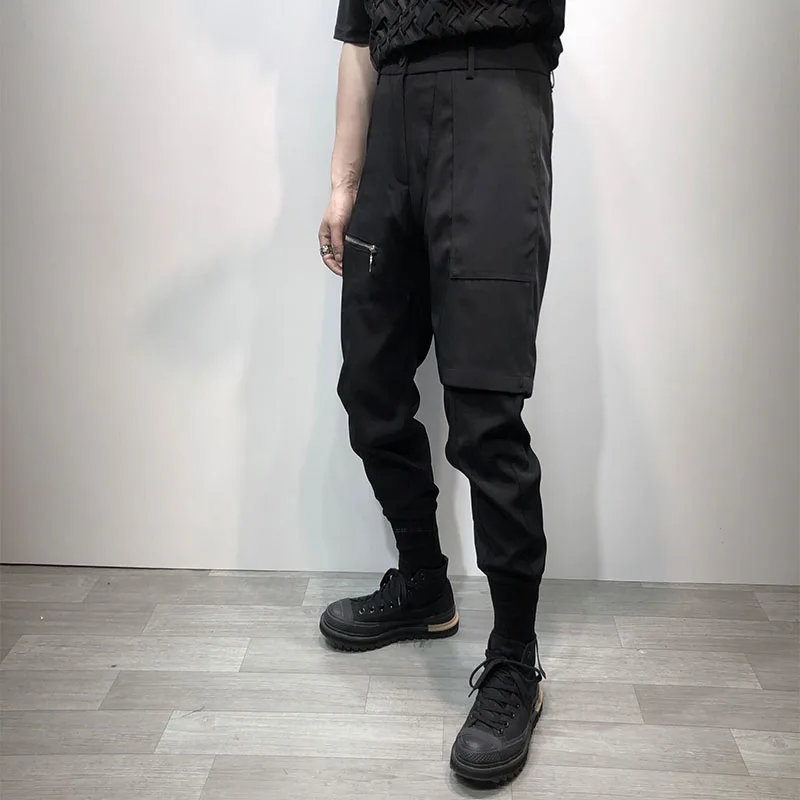 Men's New Dark Black Loose-Fitting Fake Two Simple Design Cargo Pants Fashion Trend Large Size Haren Pants